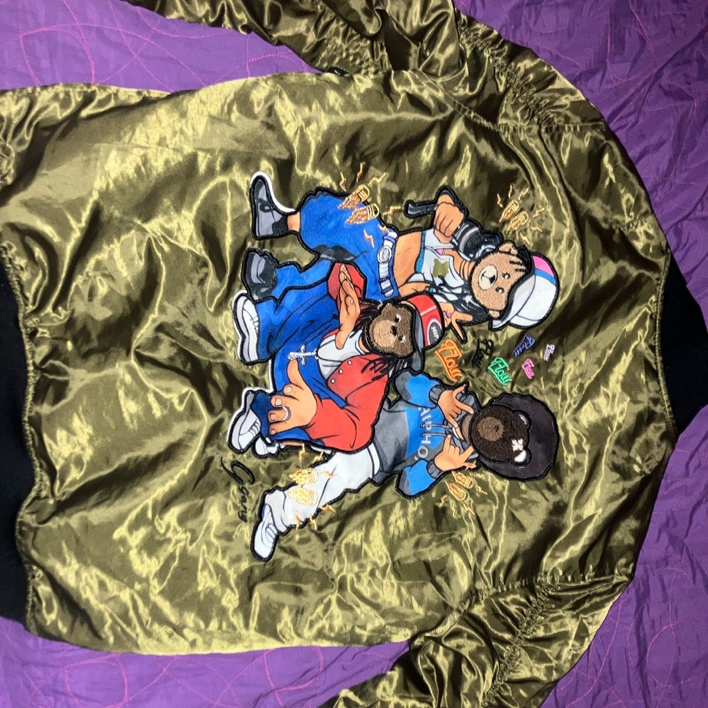 Olive Green Bomber Jacket with Graphic Design